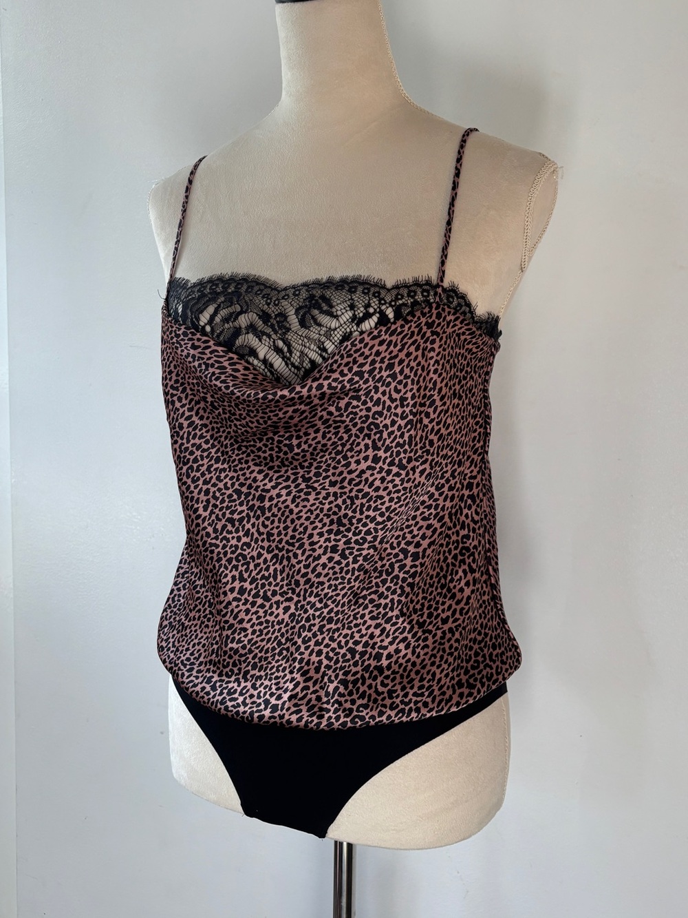 Victoria's Secret Pink Leopard Cheetah Print Satin Cami Bodysuit Lace Bandeau Sm